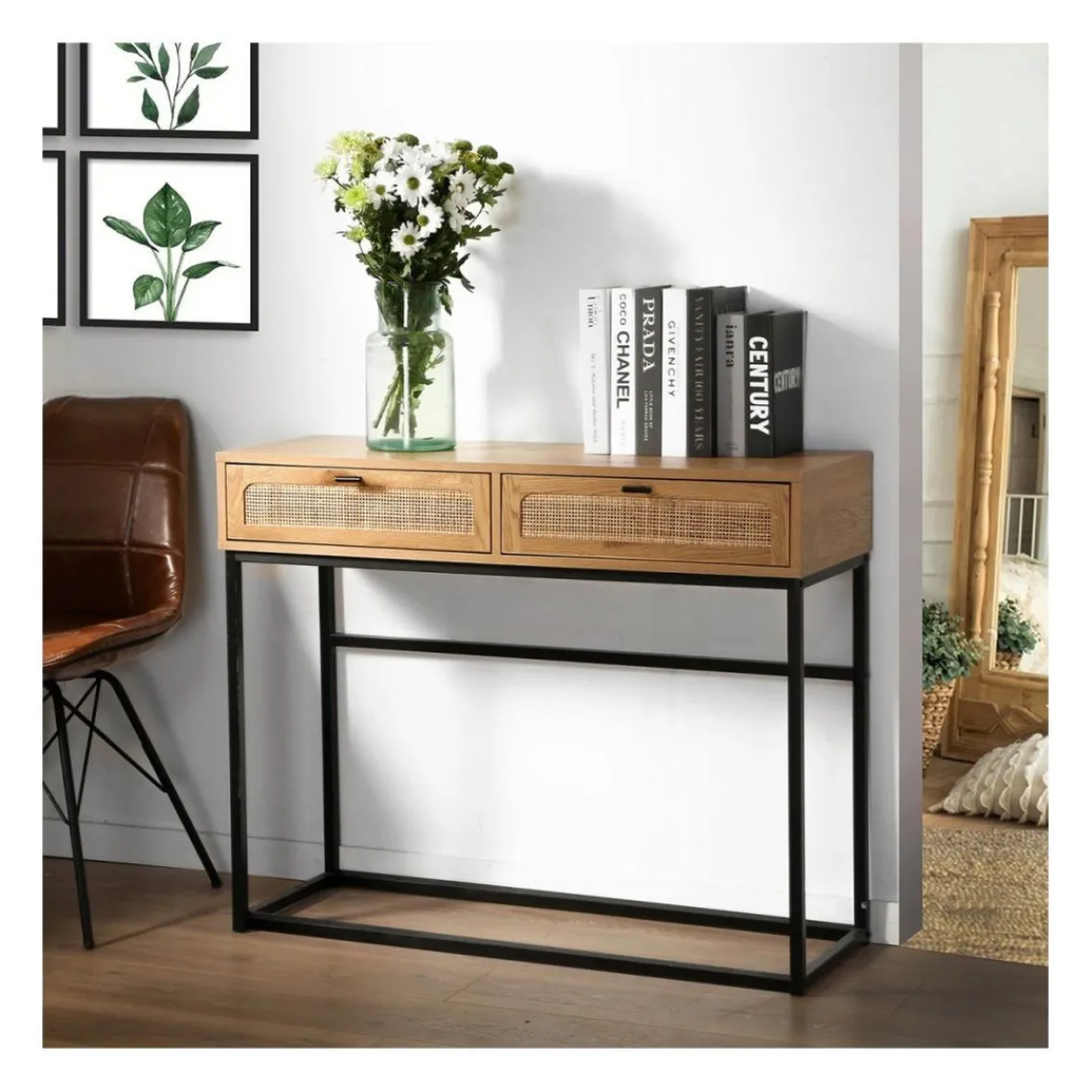 Calicosy Console 2 Tiroirs avec Cannage Rotin en bois Beige Discount