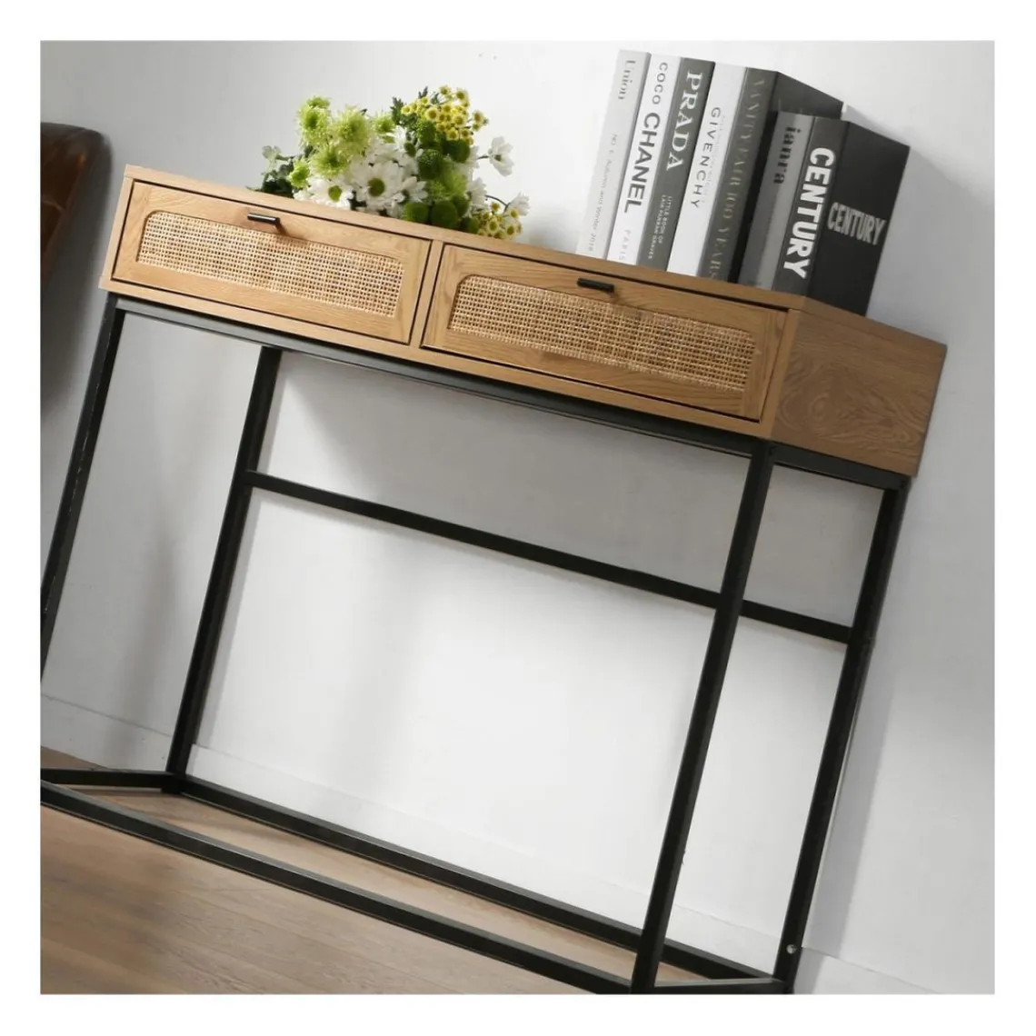 Calicosy Console 2 Tiroirs avec Cannage Rotin en bois Beige Discount
