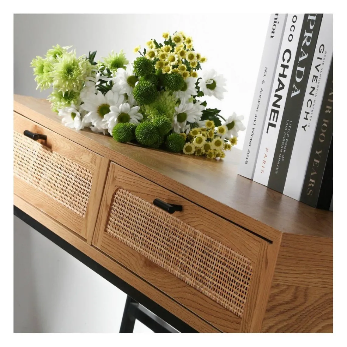 Calicosy Console 2 Tiroirs avec Cannage Rotin en bois Beige Discount