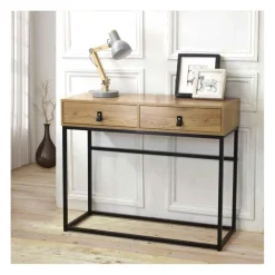 Calicosy Console 2 tiroirs avec pieds en métal effet chêne Beige