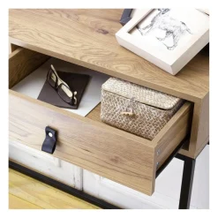 Calicosy Console 2 tiroirs avec pieds en métal effet chêne Beige