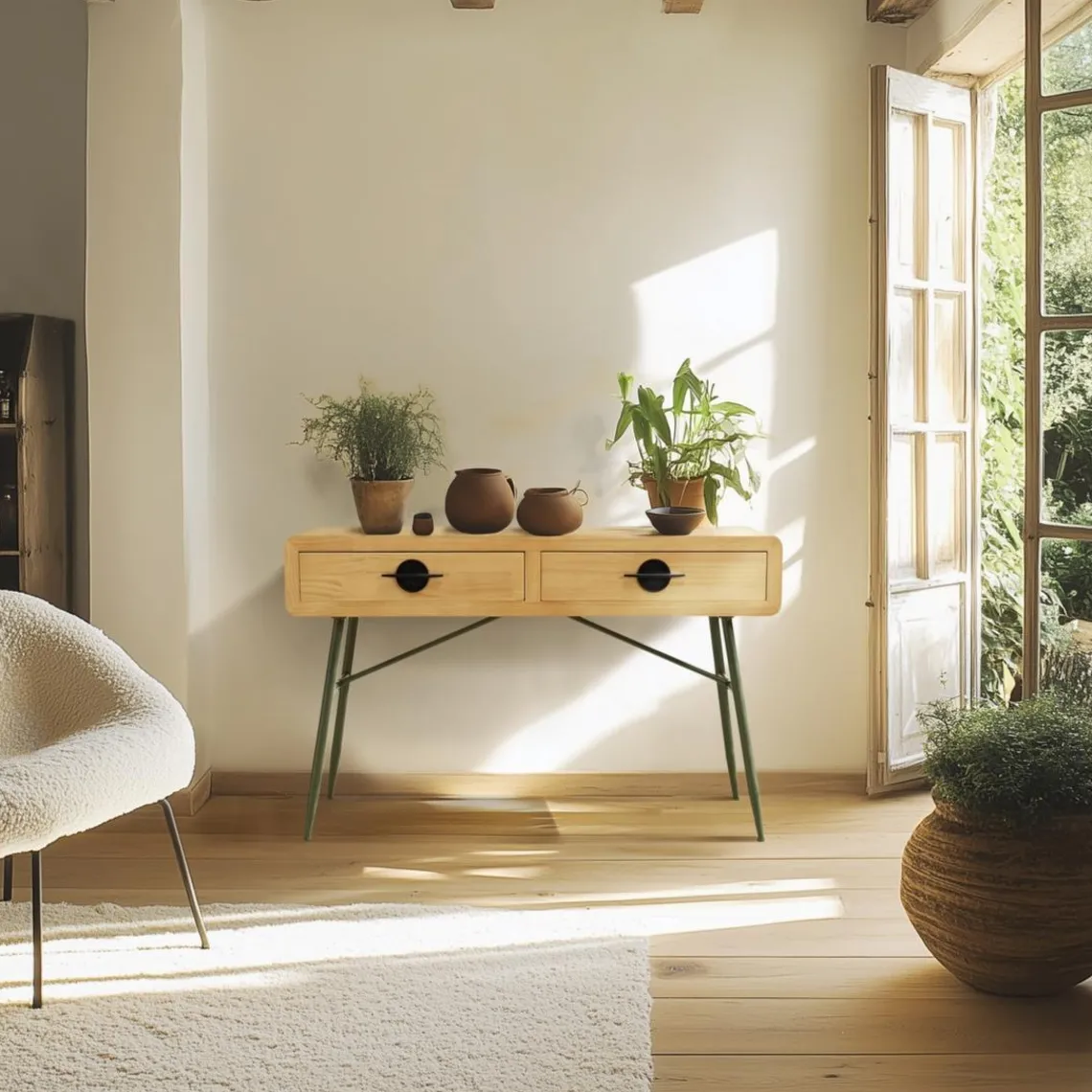 Macabane Console 2 tiroirs en pin couleur naturelle et pieds métal vert HELENA New