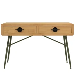 Macabane Console 2 tiroirs en pin couleur naturelle et pieds métal vert HELENA New