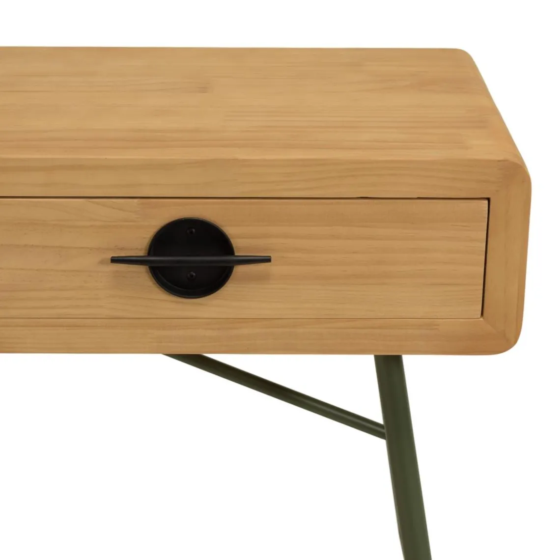 Macabane Console 2 tiroirs en pin couleur naturelle et pieds métal vert HELENA New