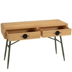 Macabane Console 2 tiroirs en pin couleur naturelle et pieds métal vert HELENA New