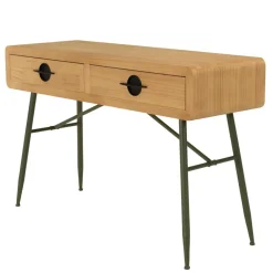 Macabane Console 2 tiroirs en pin couleur naturelle et pieds métal vert HELENA New