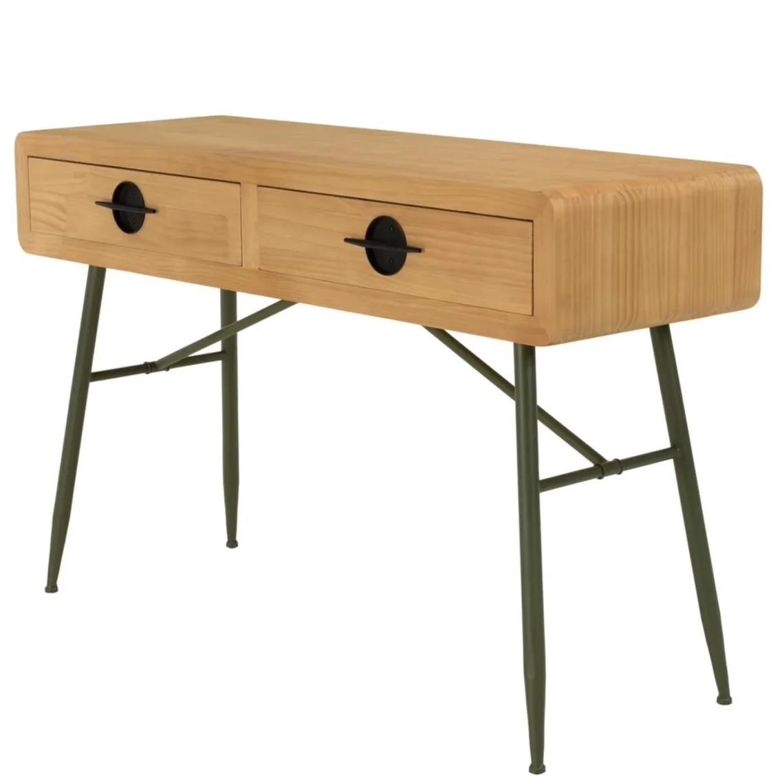 Macabane Console 2 tiroirs en pin couleur naturelle et pieds métal vert HELENA New