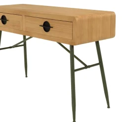 Macabane Console 2 tiroirs en pin couleur naturelle et pieds métal vert HELENA New