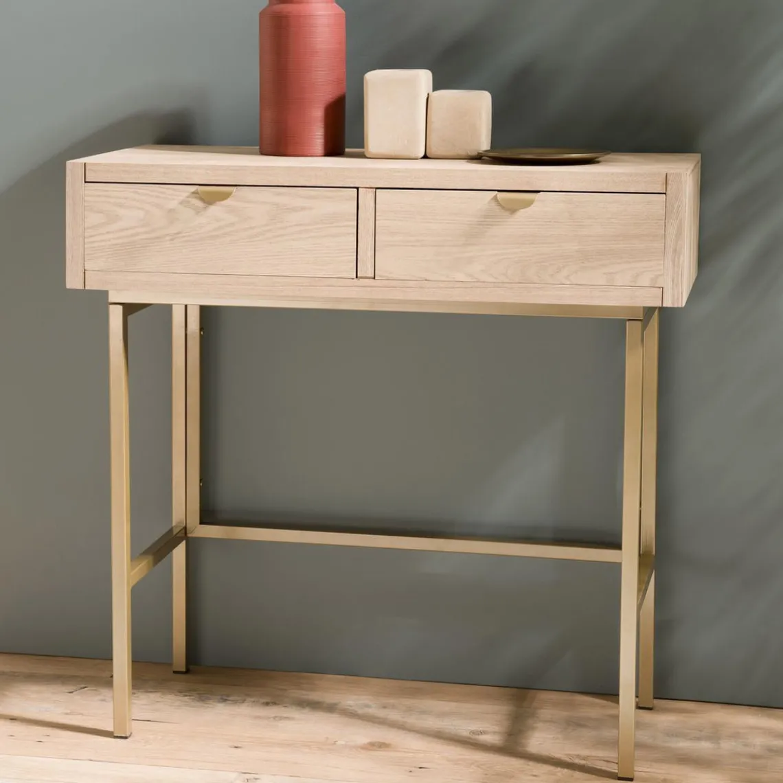 Macabane Console ALINE 2 Tiroirs Pieds Métal Doré Sale