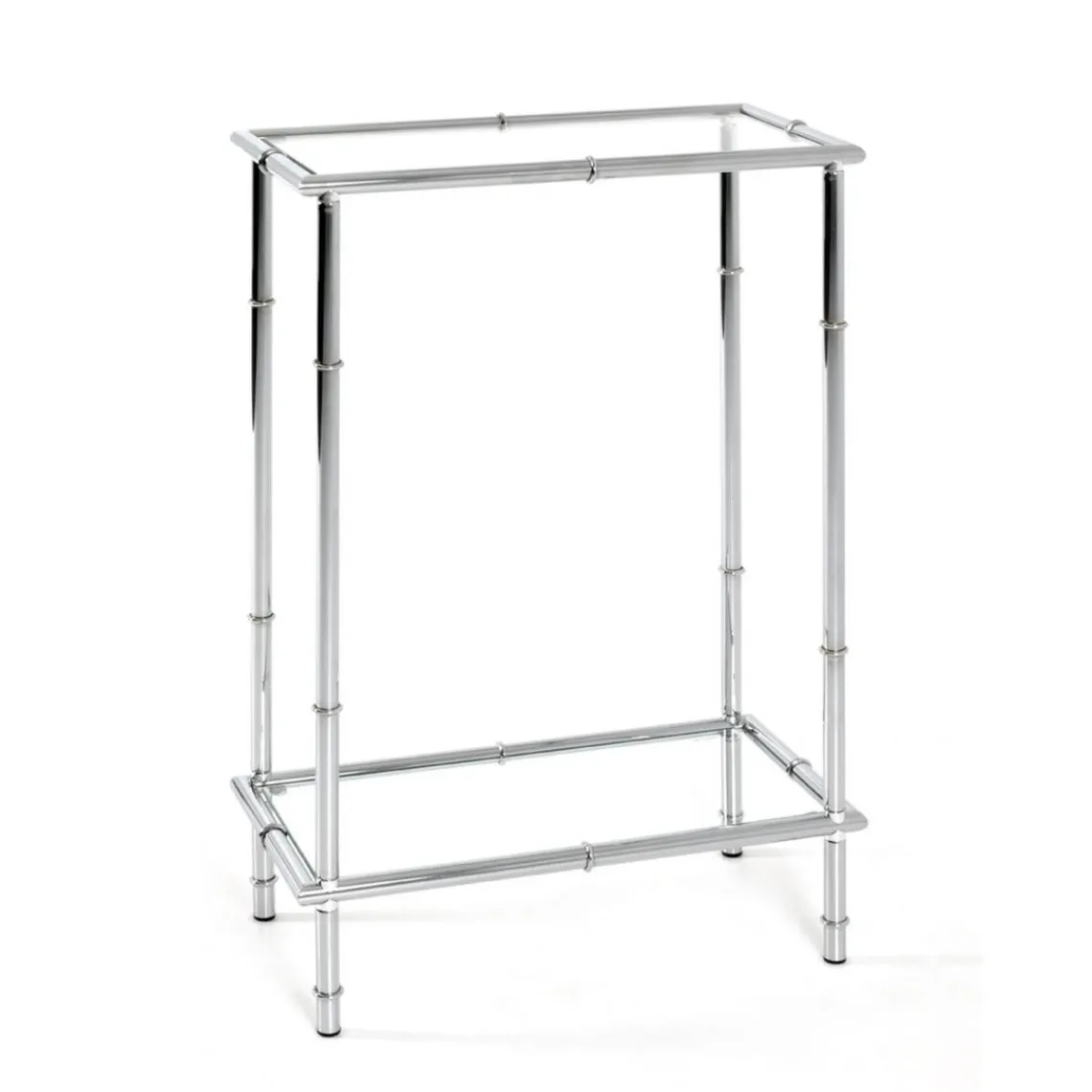 3S. x Home Console chromée avec plateaux en verre trempé transparent et structure en métal