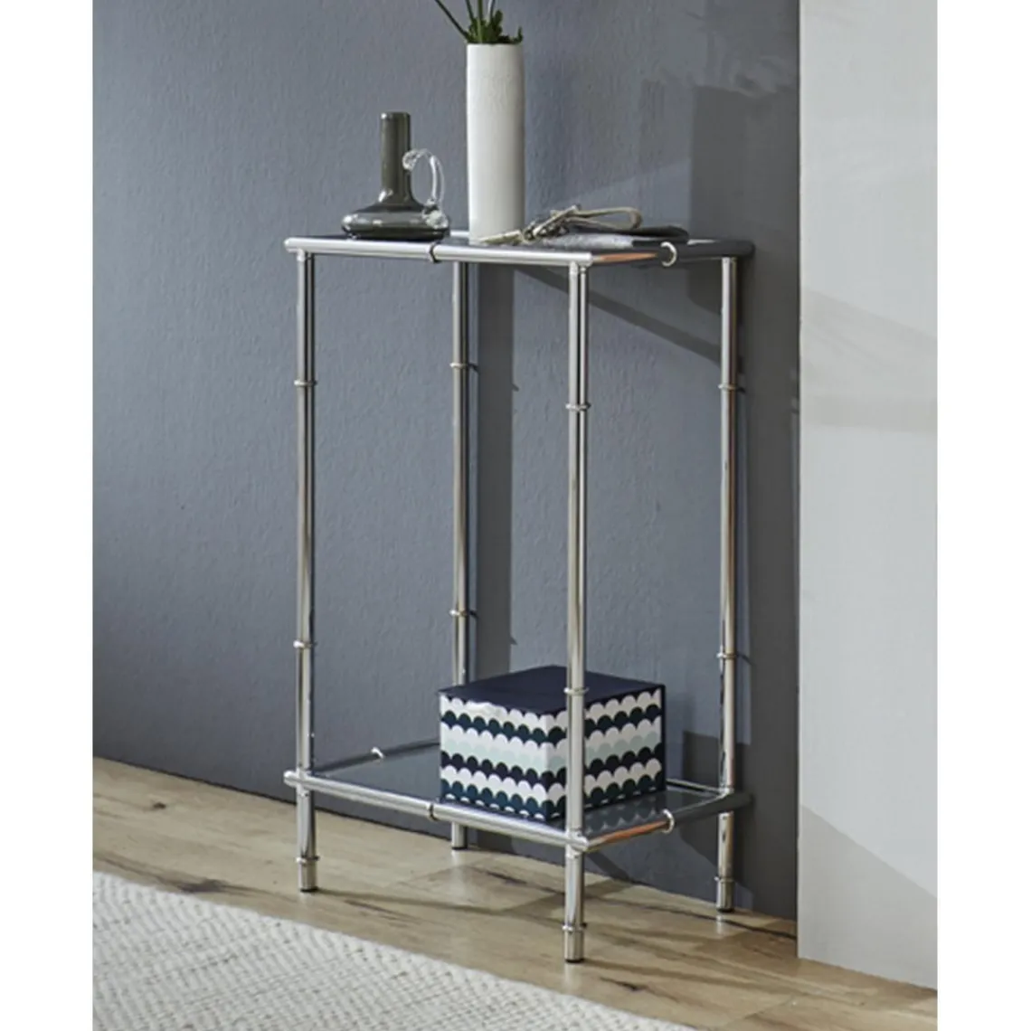 3S. x Home Console chromée avec plateaux en verre trempé transparent et structure en métal