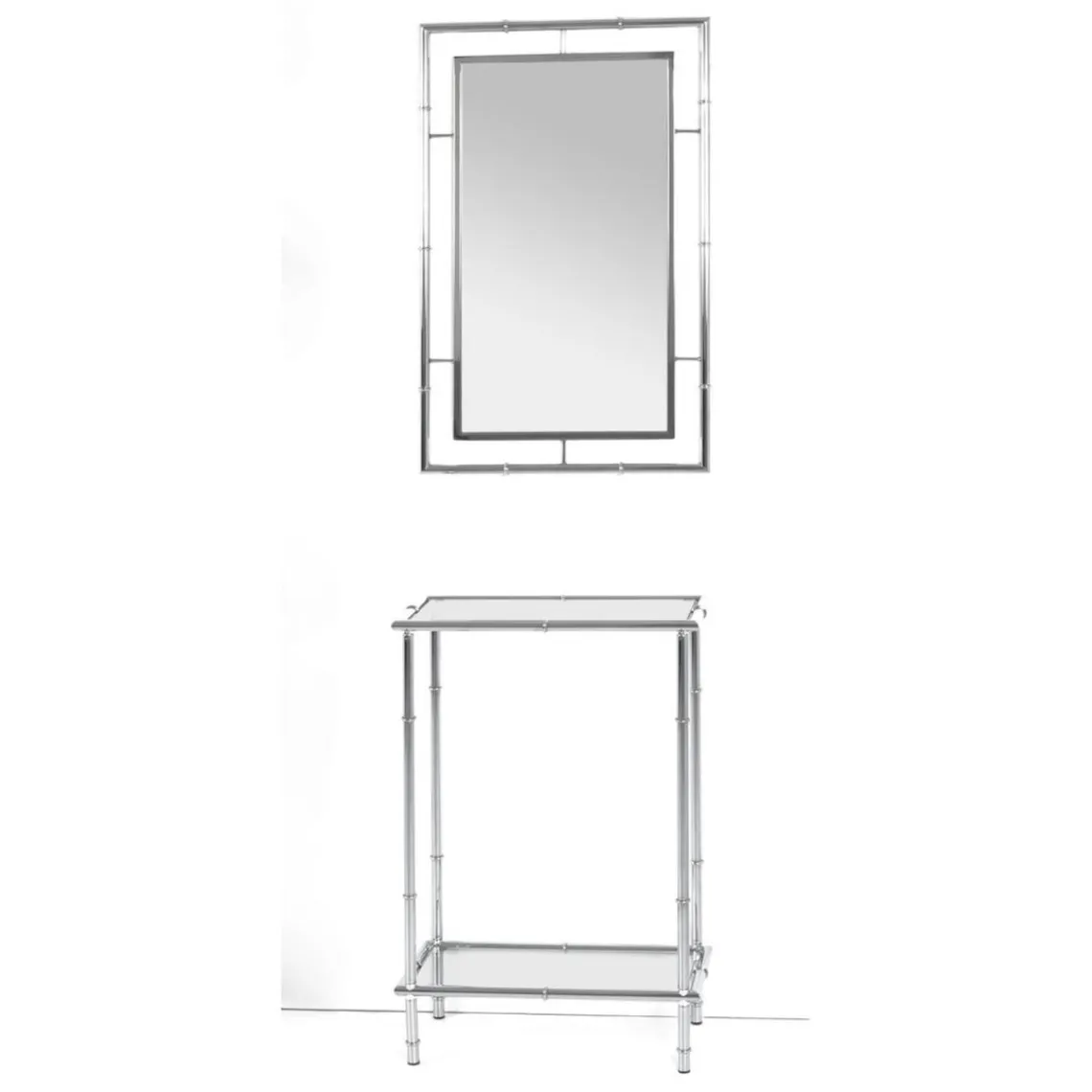 3S. x Home Console chromée avec plateaux en verre trempé transparent et structure en métal