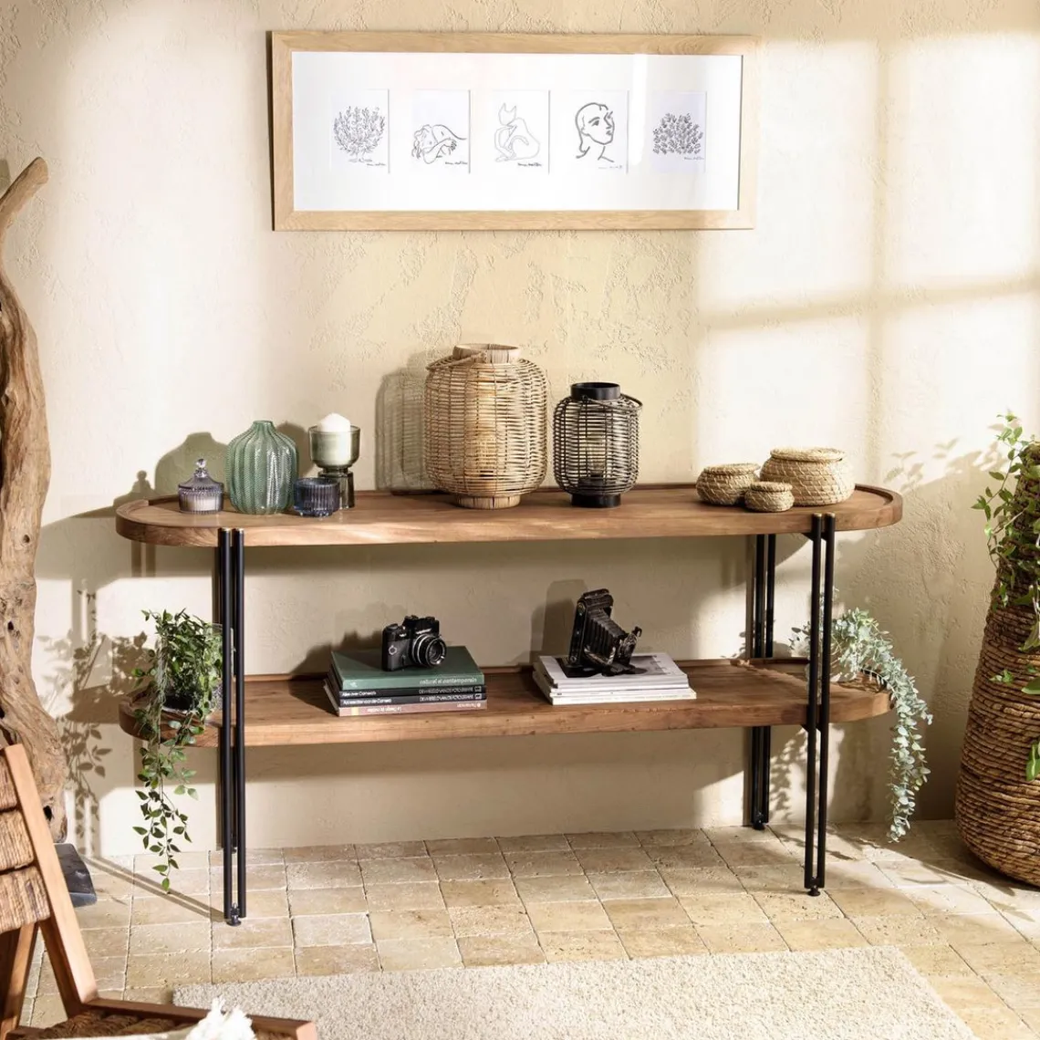 Macabane Console double plateau arrondi en bois de teck recyclé Hot