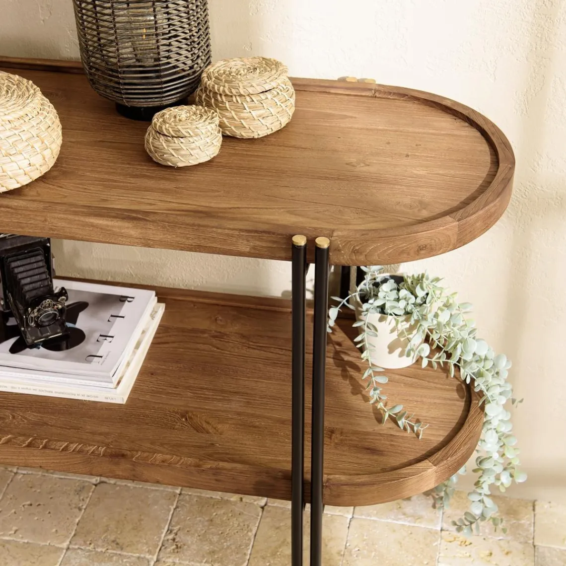 Macabane Console double plateau arrondi en bois de teck recyclé Hot