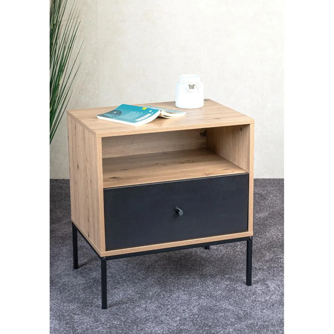 3S. x Home Console en métal avec corps décor chêne et tiroir décor noir