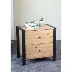 3S. x Home Console en métal noir avec 2 tiroirs décor chêne Clearance