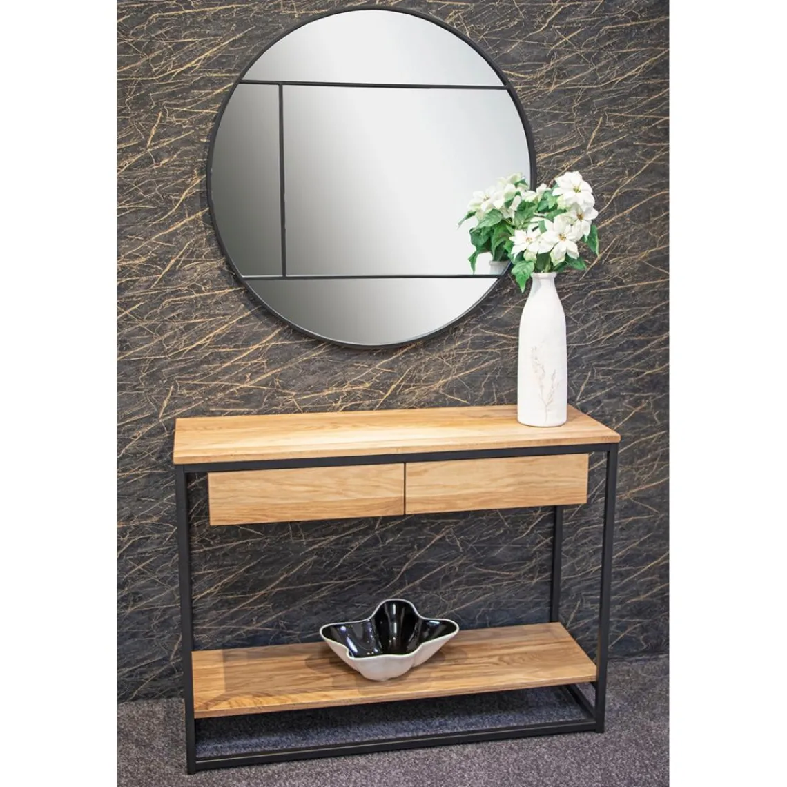 3S. x Home Console en métal noir avec étagères et tiroirs en chêne New