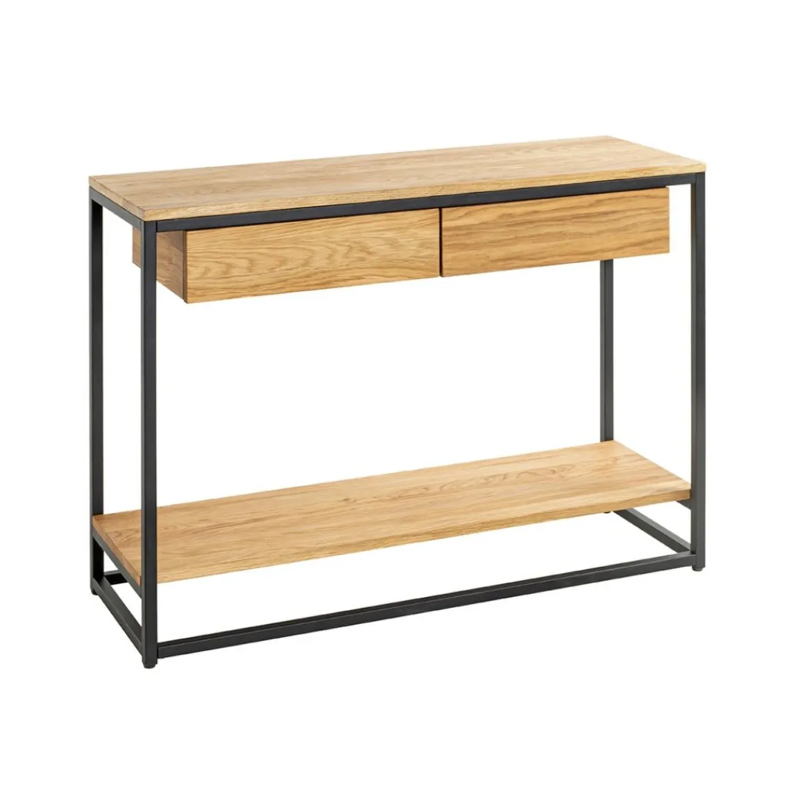 3S. x Home Console en métal noir avec étagères et tiroirs en chêne New
