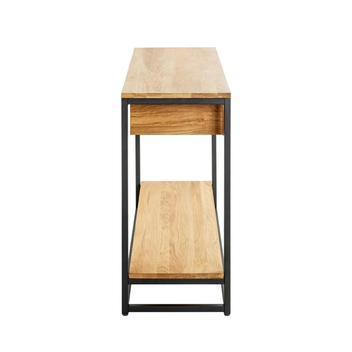 3S. x Home Console en métal noir avec étagères et tiroirs en chêne New