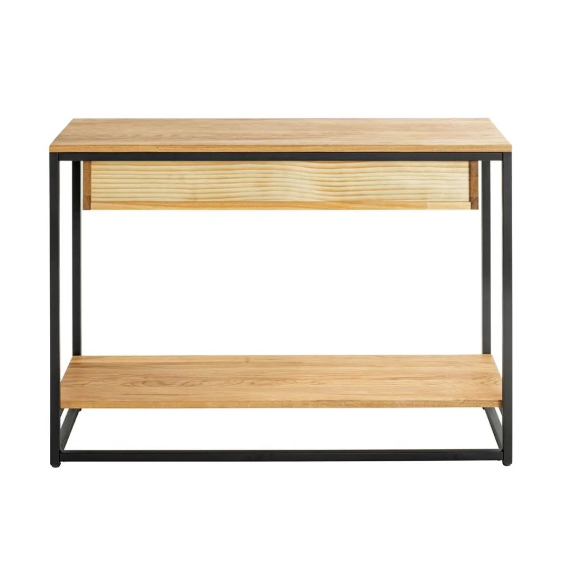 3S. x Home Console en métal noir avec étagères et tiroirs en chêne New