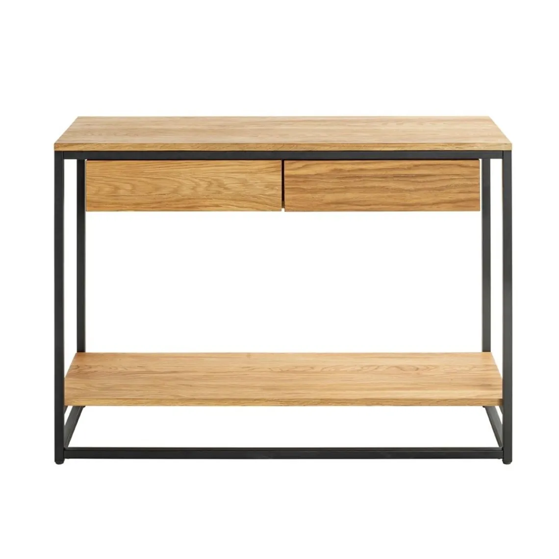 3S. x Home Console en métal noir avec étagères et tiroirs en chêne New