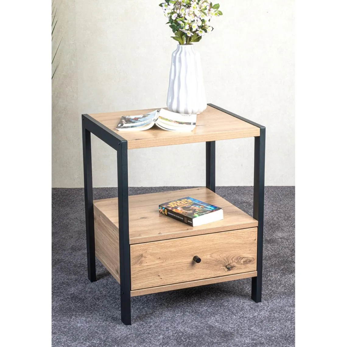 3S. x Home Console en métal noir étagères et tiroir décor chêne Clearance