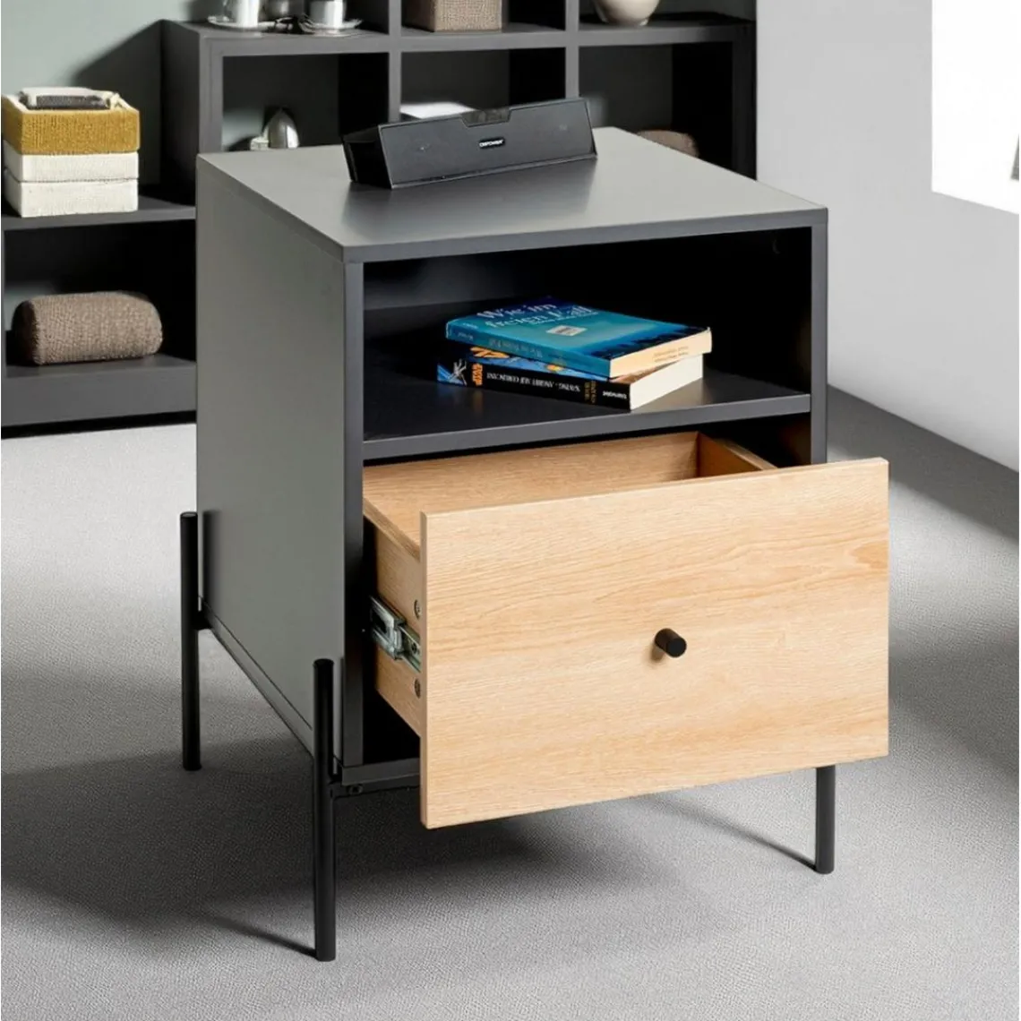 3S. x Home Console en tube d 'acier peint en noir par poudrage corps en MDF décor chêne naturel Clearance