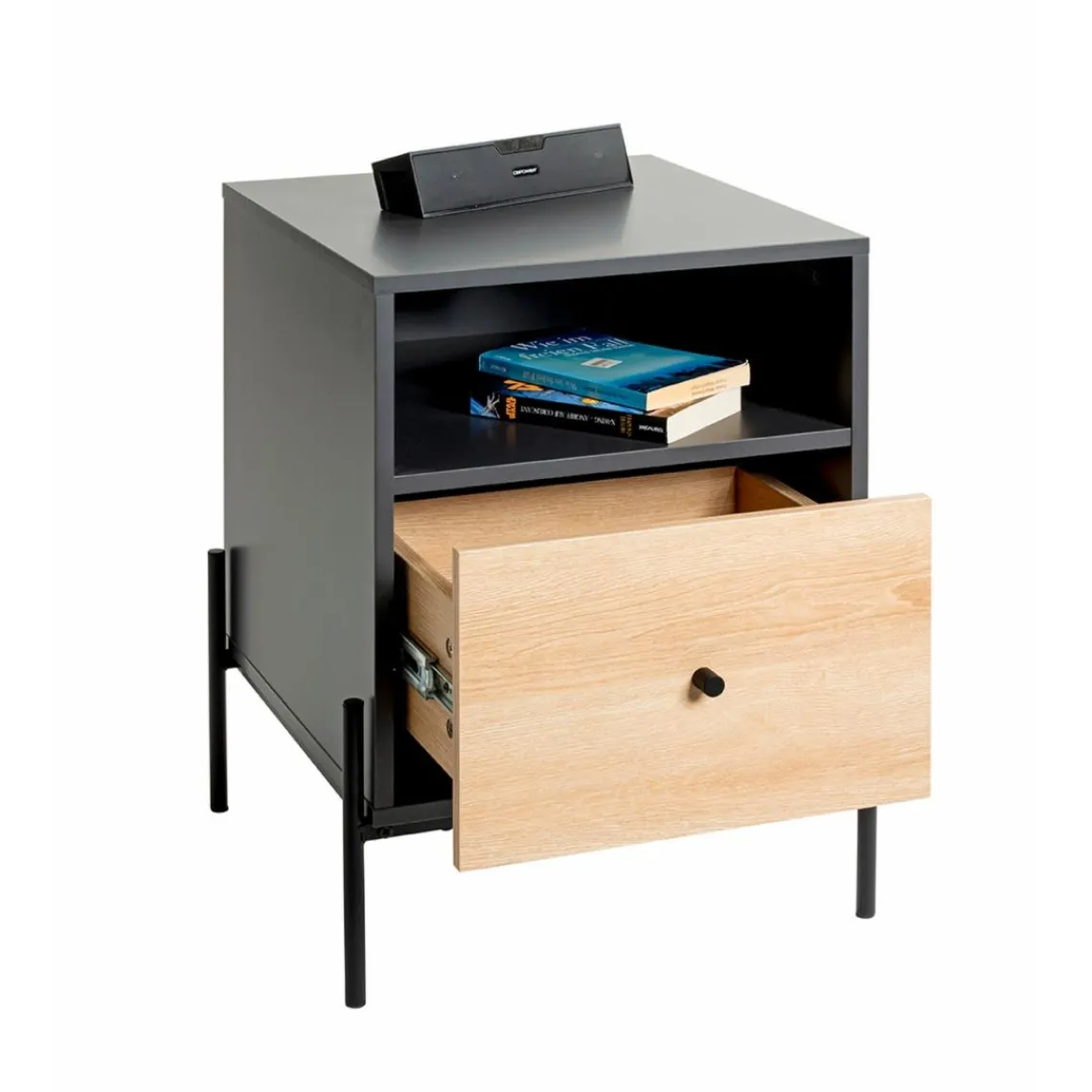 3S. x Home Console en tube d 'acier peint en noir par poudrage corps en MDF décor chêne naturel Clearance