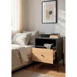 3S. x Home Console en tube d 'acier peint en noir par poudrage corps en MDF décor chêne naturel Clearance