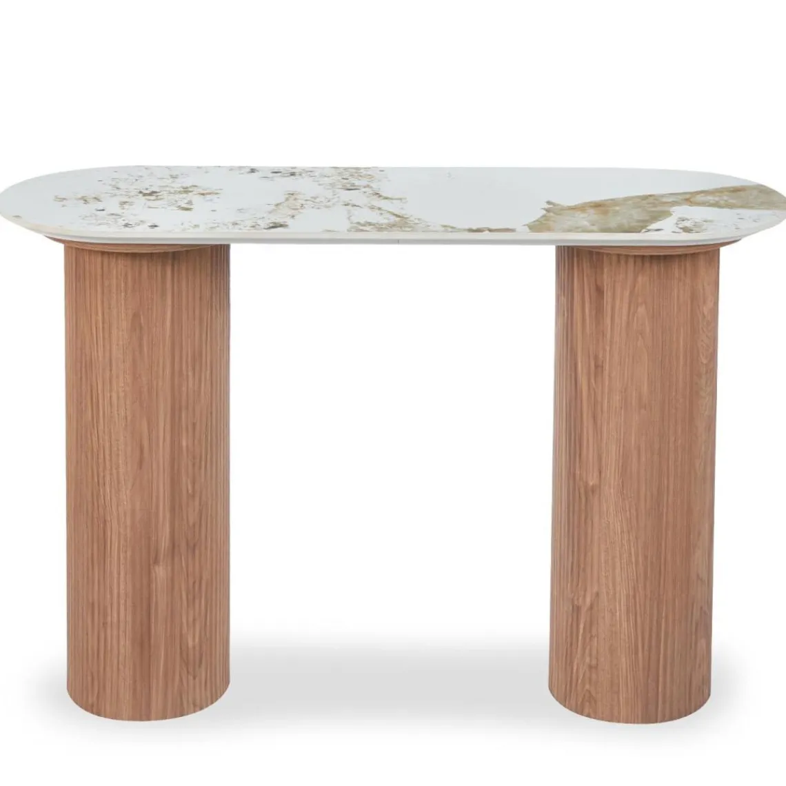 3S. x Home Console moderne pieds colonnes Eglantine Bois et Céramique Effet marbre Blanc