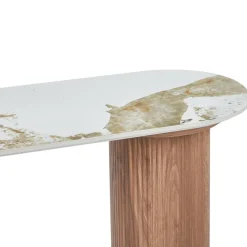 3S. x Home Console moderne pieds colonnes Eglantine Bois et Céramique Effet marbre Blanc