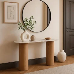 3S. x Home Console moderne pieds colonnes Eglantine Bois et Céramique Effet marbre Blanc