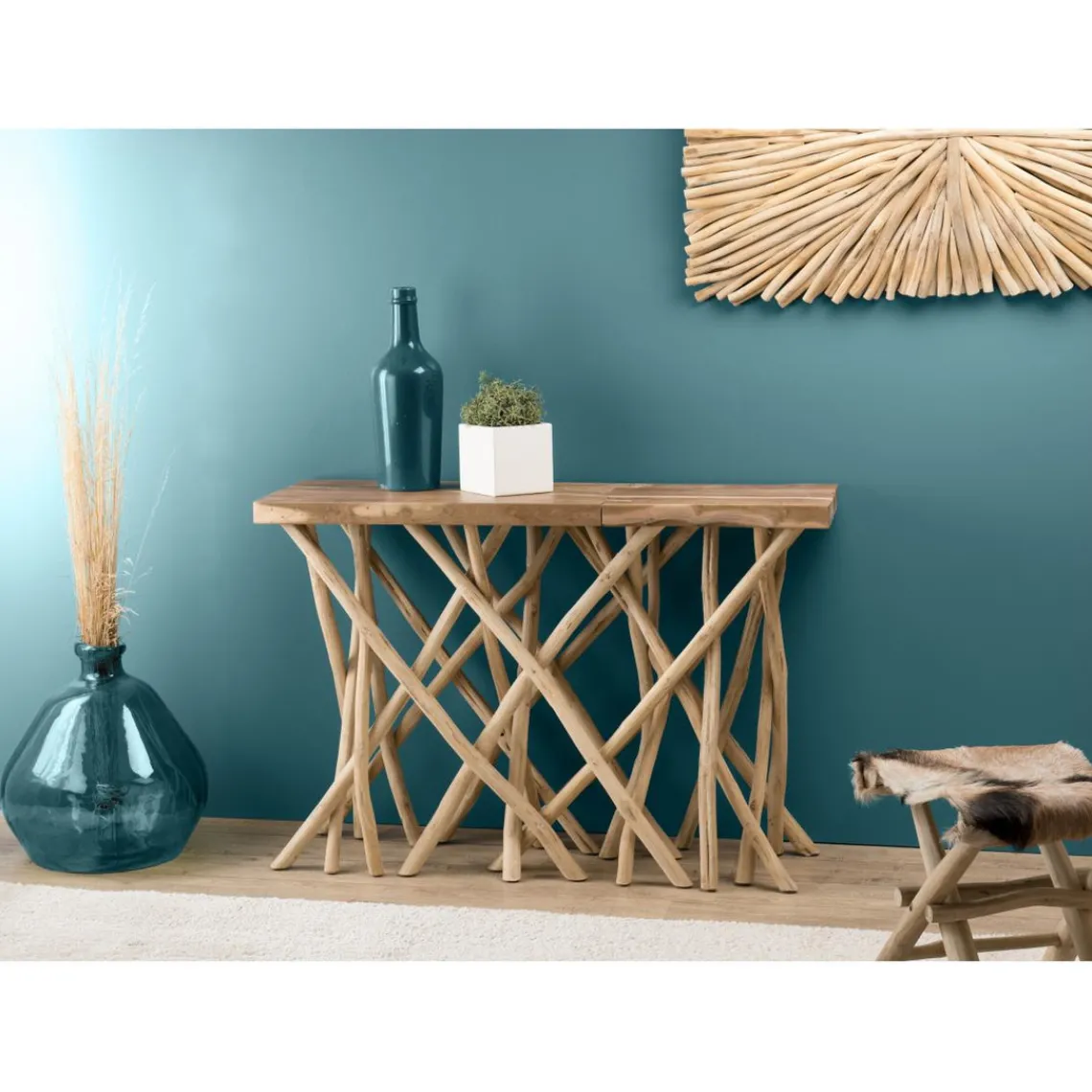 Macabane Console nature plateau bois Teck - pieds bois flotté - KELIA Online