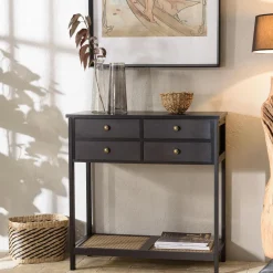 Macabane Console noire 4 tiroirs 1 étagère effet cannage CHARLIE Clearance