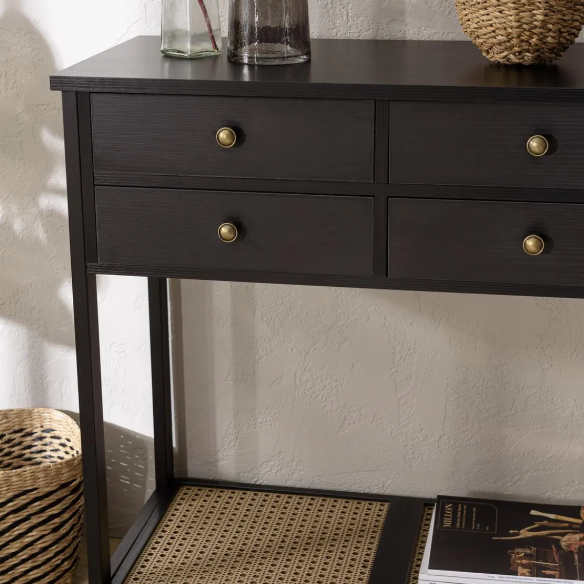 Macabane Console noire 4 tiroirs 1 étagère effet cannage CHARLIE Clearance