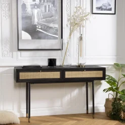 Macabane Console Noire 2 Tiroirs Cannage YANIS