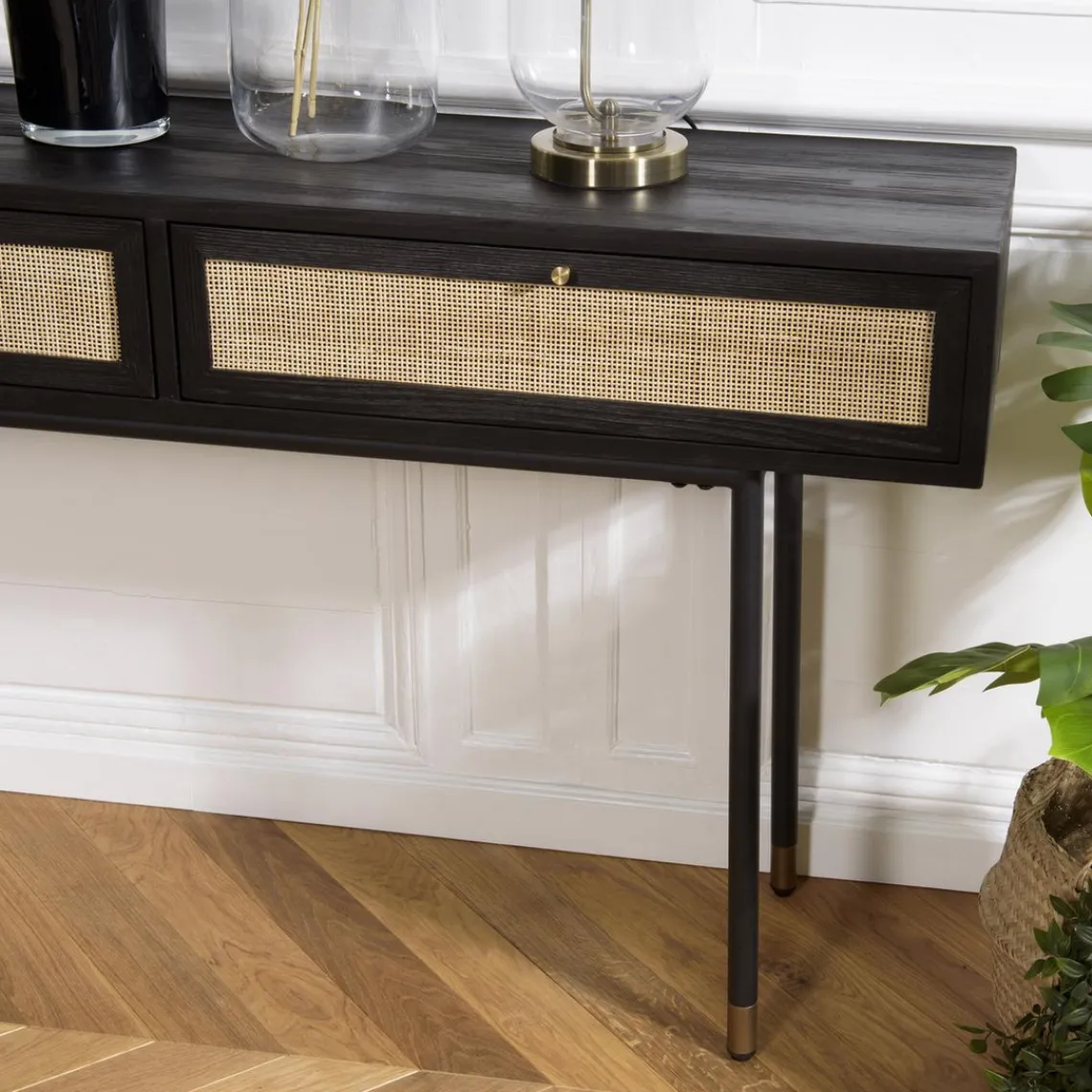 Macabane Console Noire 2 Tiroirs Cannage YANIS