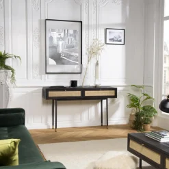 Macabane Console Noire 2 Tiroirs Cannage YANIS