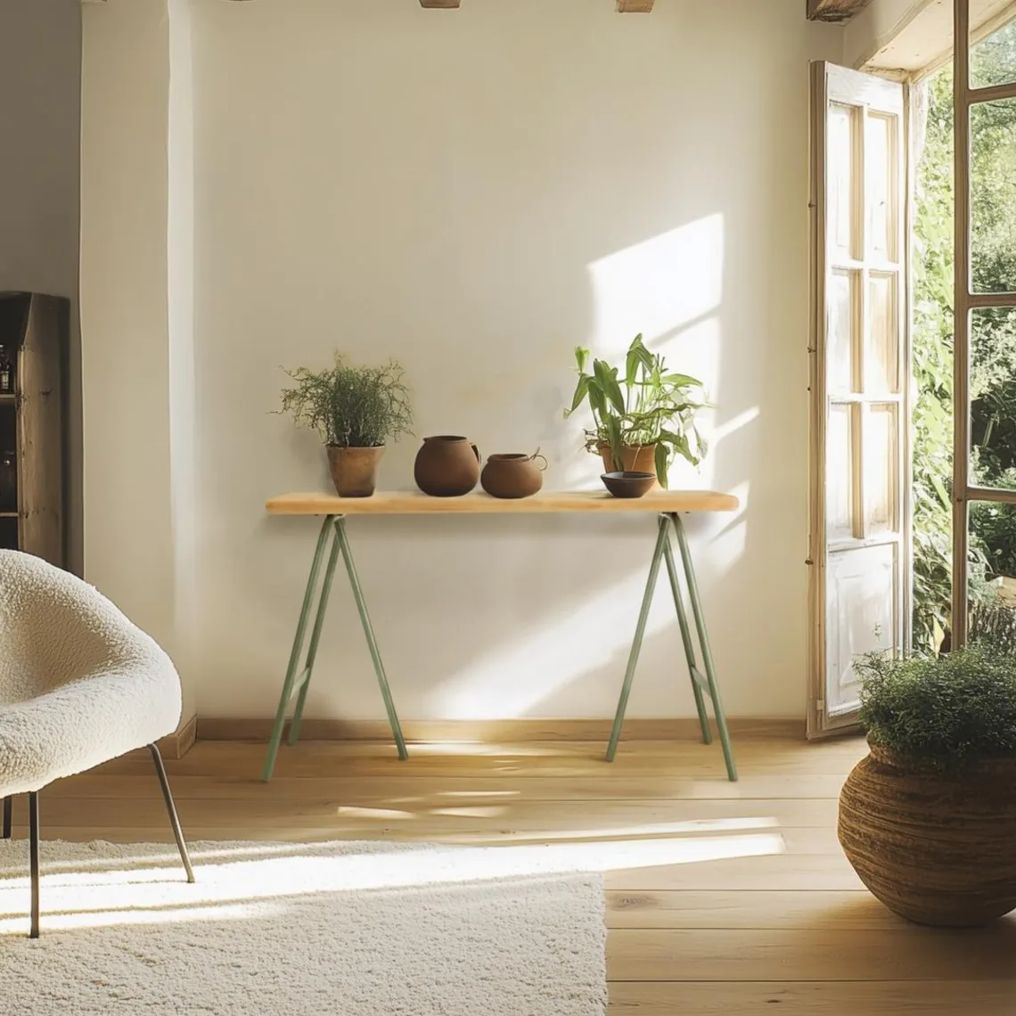 Macabane Console plateau en pin et pieds tréteaux en métal vert HELENA New