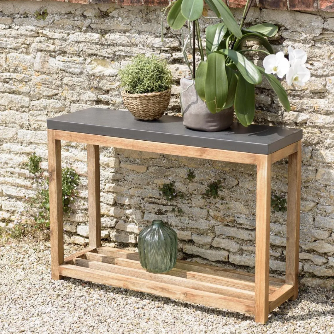 Macabane Console rectangulaire petit modèle double plateau effet béton foncé et acacia HECTOR Gris Discount