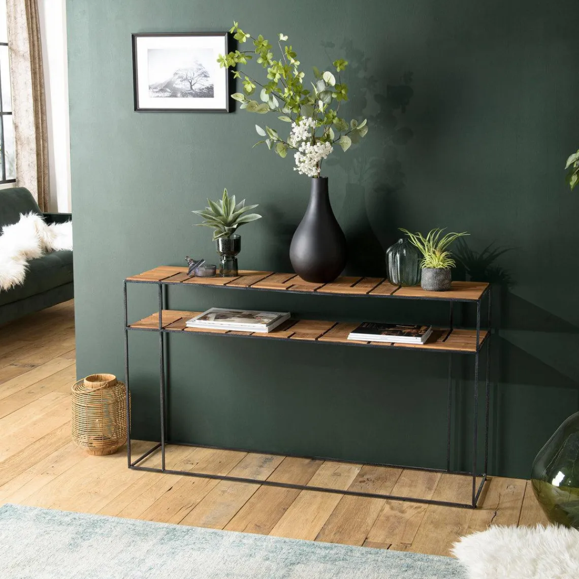 Macabane Console SIXTINE 2 plateaux teck et métal New