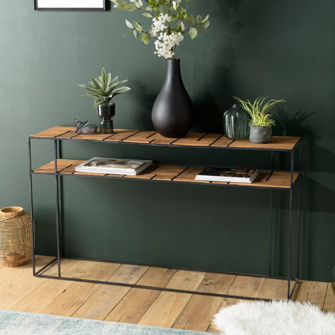 Macabane Console SIXTINE 2 plateaux teck et métal New