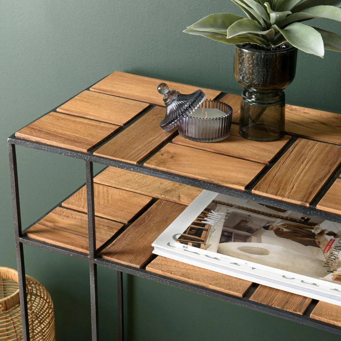 Macabane Console SIXTINE 2 plateaux teck et métal New