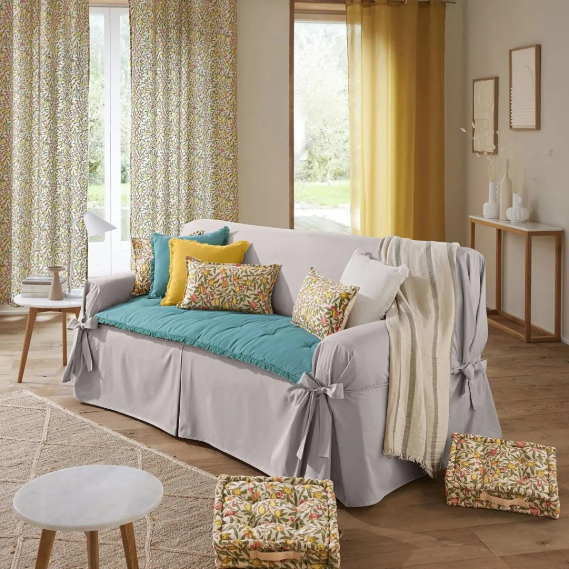 Becquet Coussin de sol, carré, coton imprimé, CM.CAPRI, jaune