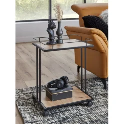 3S. x Home Desserte à roulettes avec plateaux en MDF décor chêne et en en Tube d'acier laqué Noir Clearance