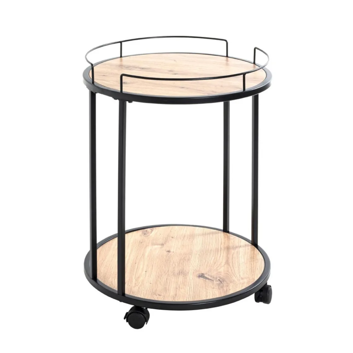 3S. x Home Desserte ronde sur roulettes avec plateaux en MDF décor chêne et en Tube d'acier laqué Noir Online