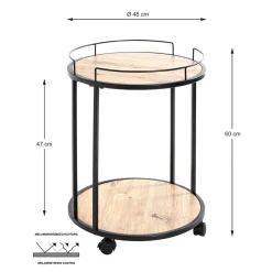 3S. x Home Desserte ronde sur roulettes avec plateaux en MDF décor chêne et en Tube d'acier laqué Noir Online