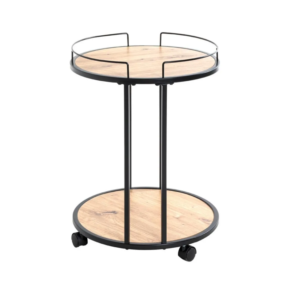 3S. x Home Desserte ronde sur roulettes avec plateaux en MDF décor chêne et en Tube d'acier laqué Noir Online