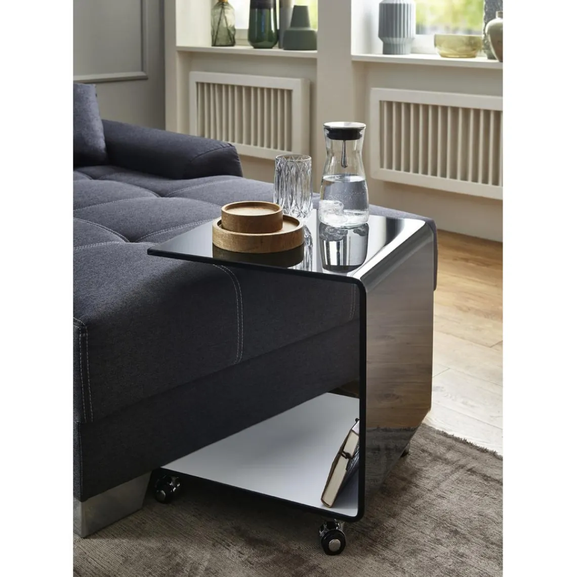 3S. x Home Desserte sur roulettes en verre transparent de 12 m avec intérieur laqué Blanc et extérieur laqué Noir