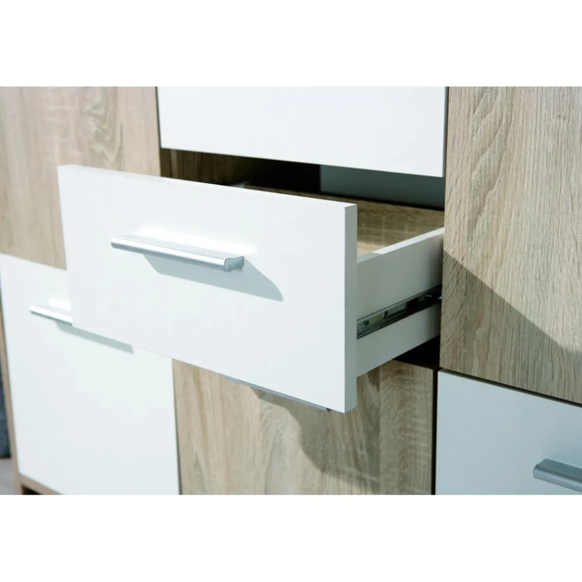 3S. x Home Enfilade de 7 rangements en bois 115 x 30 CM Blanche et Naturelle ELVEZIA Sale